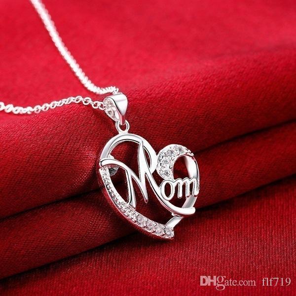 Contrast Color Crystal Heart Mom Necklace Pendant Diamond Fashion Love Mom Jewelry Mother Birthday Day Gift Will and Sandy