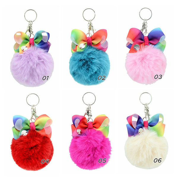 Cute Pompom jojo siwa Keychain For Girls Handmade Rainbow Knot Ball Key Chain Women Car Styling Bag Charms Jewelry Pendants 50pcs