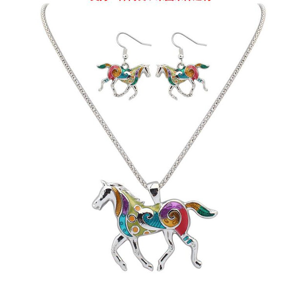 Horse Pendant Necklace Fashion Enamel Rainbow Horse Charm Necklace Earring Sets Women Jewelry Silver Gold Plated Enamel Jewelry Set Gift