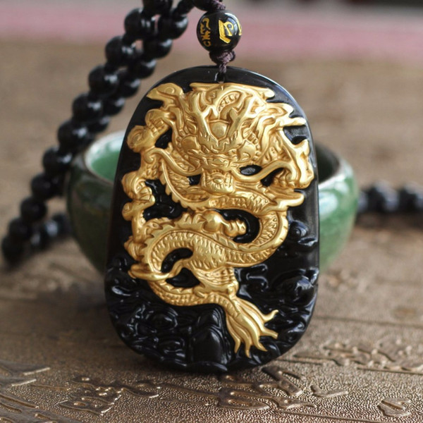 Wholesale Gold Natural Black Obsidian Carving Dragon Lucky Amulet Pendant For Women Men pendants Jade Jewelry