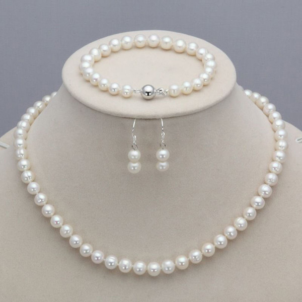 7-8mm Real Natural Freshwater Pearl Necklace Bracelet Earrings Jewelry Set