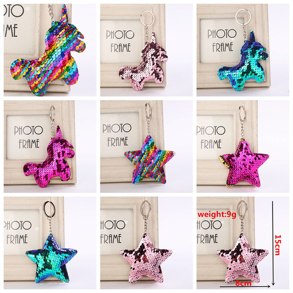 Sequin Unicorn Star Key Chain Christmas Keyring Cell Phone Bag Pendant Keychain Mermaid Key Ring Home Decor Kids Toys 8styles AAA1055