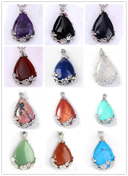 100-Unique Wholesale 10 Pcs Silver Plated Amethysts with Flower Water Drop Pendant Lapis Lazuli For Christmas Jewelry