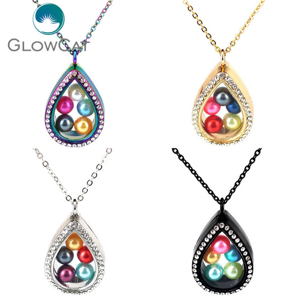 Waterdrop Magnetic Living Memory 8mm Beads Locket Pearl Cage Floating Pendant With Rhinestone Necklace