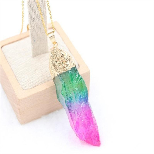 Tide Natural Crystal Necklace Rainbow Color For Women Jewelry Chains Portable Water Drop Shape Pendant Small Light 5cn cc