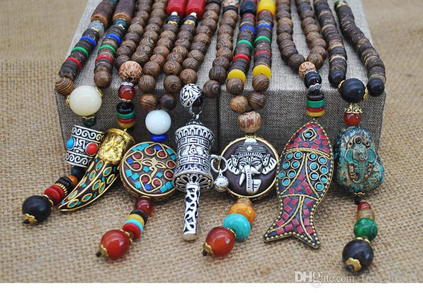 Handmade Nepal Necklace Buddhist Mala Wood Beads Pendant & Necklace Ethnic Horn Fish Long Statement Jewelry Women Men