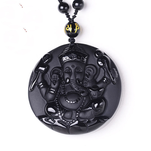 Natural Black Obsidian Pendant Carved Ganesh Elephant Lucky Pendants Free Necklace Fine Crystal Fashion woman man Amulet Jewelry