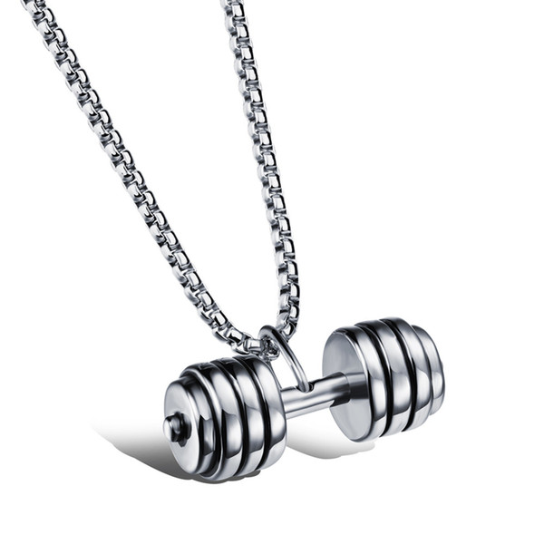 Wholesale- Fashion Dumbbell Gym Necklace Stainless Steel Pendants for Men & Women Titanium Steel Jewelry Chain With Gift Bag 3 Colors