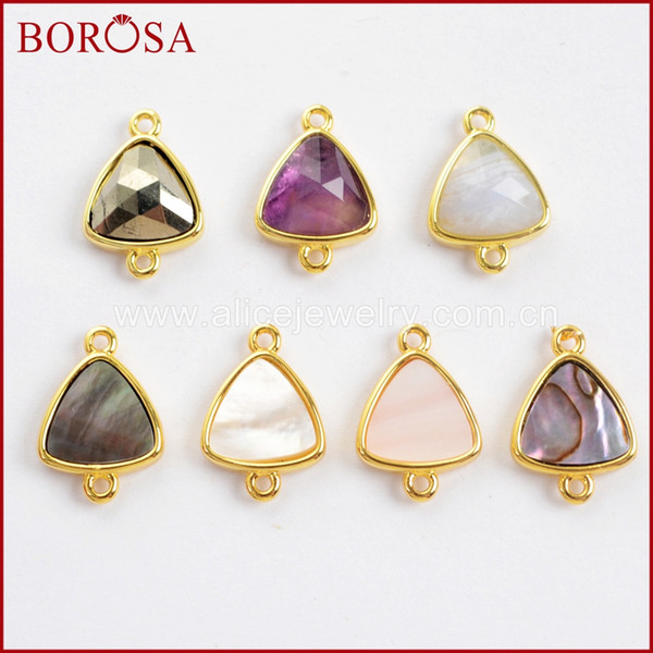 BOROSA 10PCS 12x12mm Triangle Multi-kind Faceted Stones Gold Connector Beads A-methyst Shell Double Charms Jewelry WX991