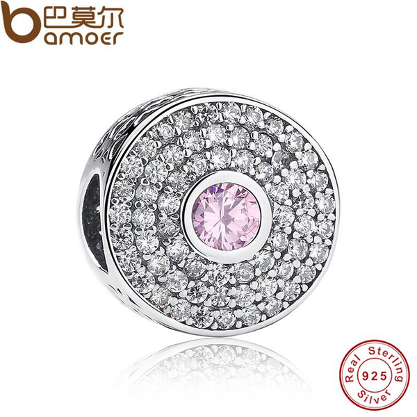 Wholesale- Original 925 Sterling Silver Pink Crystal Stone Round Shape Pendant Fit Bracelet with Cubic Zirconia PAS154