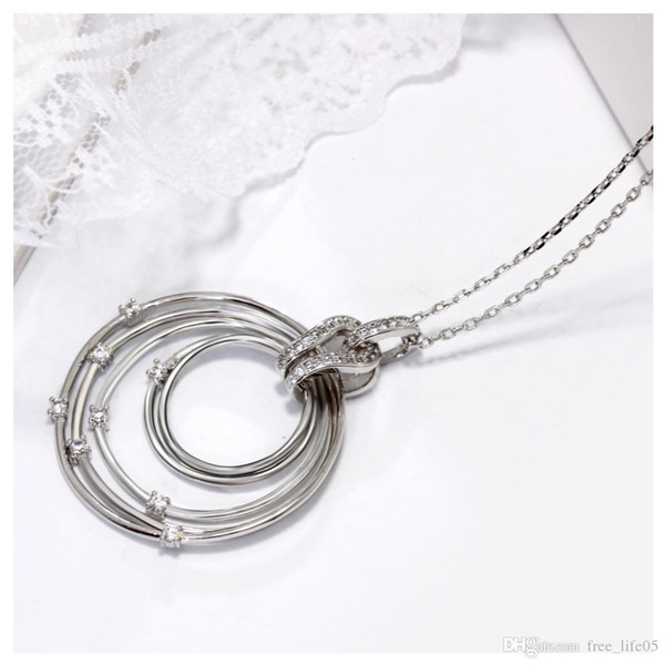 Four Round Circles with White CZ Pendant Chain Necklace for Women Hollow Kettingen Voor Vrouwen Rhodium color