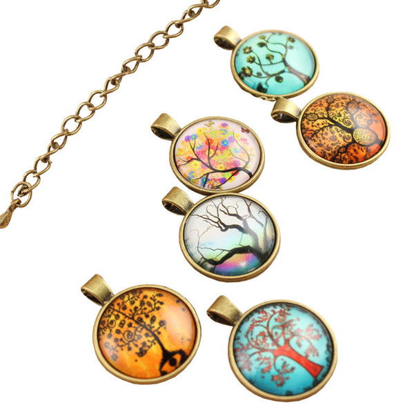 38 patterns of life tree glass convex round pendant O chain ancient bronze necklace bronze chain + glass pattern + bronze base