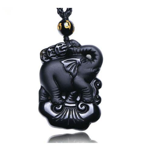 natural Obsidian stone Hand carved Elephant good luck charm pendant necklace