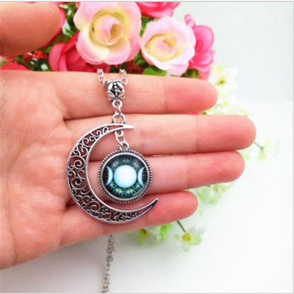 Fashion Silver Chain Triple Moon Goddess Pendant Black Wiccan jewelry Moon Goddess Necklace Glass Dome Pentagram Choker Necklaces Women