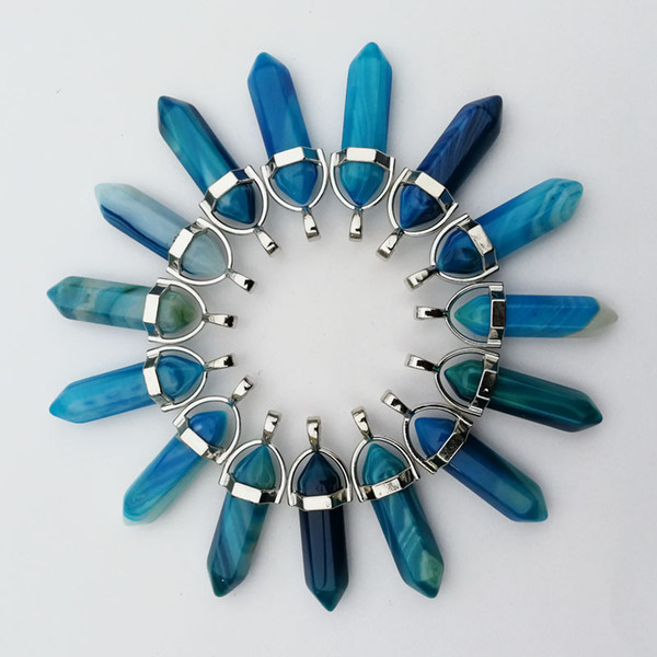 Fashion blue alloy Natural stone crystal pillar Necklace Pendant for making Jewelry charm women diy 12pc/lot Free shipping