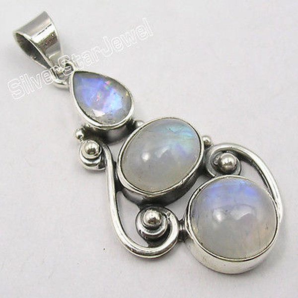 Muiltiple Choices Chanti International . Silver CABOCHON RAINBOW MOONSTONE 3 Gem DECO Pendant 4.1 CM