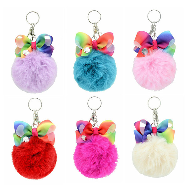 Cute Pompom Jojo Siwa Keychain Wool Ball Keyring for Children Girls Backpack Pendant Key Chain Women Car Styling Bags Charm Jewelry 10pcs