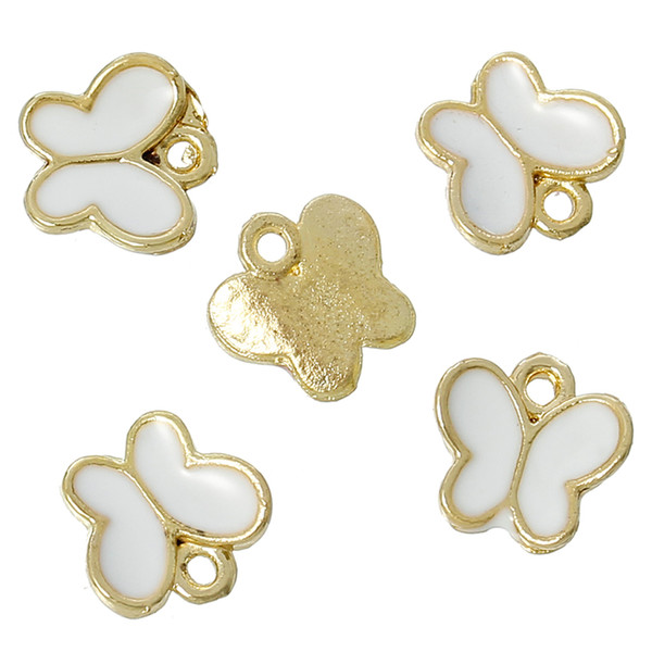 Wholesale- DoreenBeads Zinc metal alloy Charm Pendants Butterfly Gold Plated White Enamel 8mm( 3/8