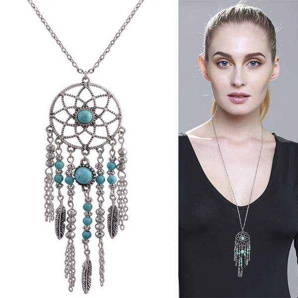 Sweater Necklaces Retro Bohemia Turquoise Beads Dream Catcher Feather Necklace Jewelry Pendant Birthday Gift Hot Sale 3 3gl T