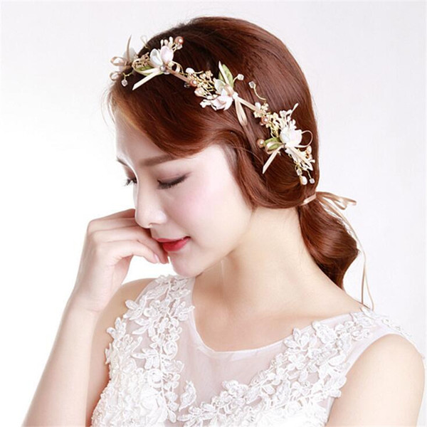 Bridal Headpiece Flower Crown Bride Bridal Headband Fashion Elegant Hand Made Bowknot Flower Pearl Silk Head Band Wedding Hair Accessories