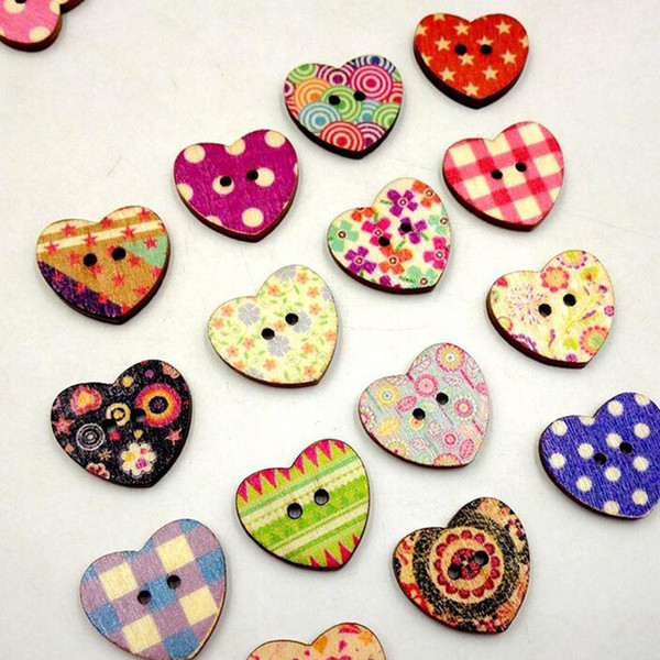 Mixed Colors Heart Printed Pattern Wood Sewing Buttons 2 Holes Wooden Scrapbook Craft Making 25x22mm(1