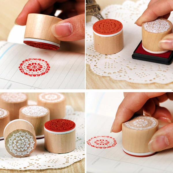 Assorted Retro Floral Flower Pattern Round Wood Wooden Rubber Stamp For Scrapbook Clear Stamps 6 pcs/set