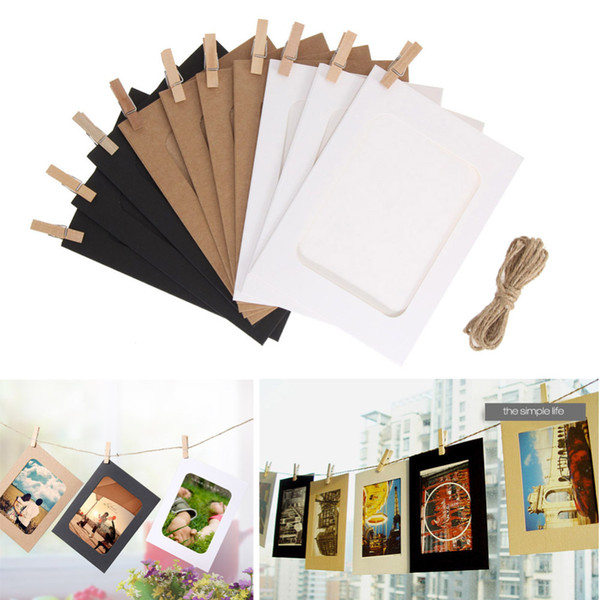 Free Shipping DIY Combination 10Pcs Wall Photo Frame with 10pcs Clips and Rope DIY Hanging Wall Picture Album Kraft Home Decor