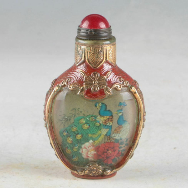 The Ancient Chinese Copper Inlay Coloured Glaze Hand - Painted Peacock Snuff Bottle During The Qianlong Period GL974 Collection Decoration