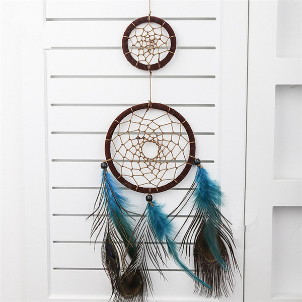 3 X Blue Peacock Feather Indian Dream Catcher Wind Chimes Feather Pendant For Wall Hanging Decoration