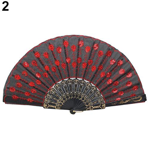 Embroidered Sequins Hand Lace Flower Folding Fan Dancing Wedding Party DecorZI-213