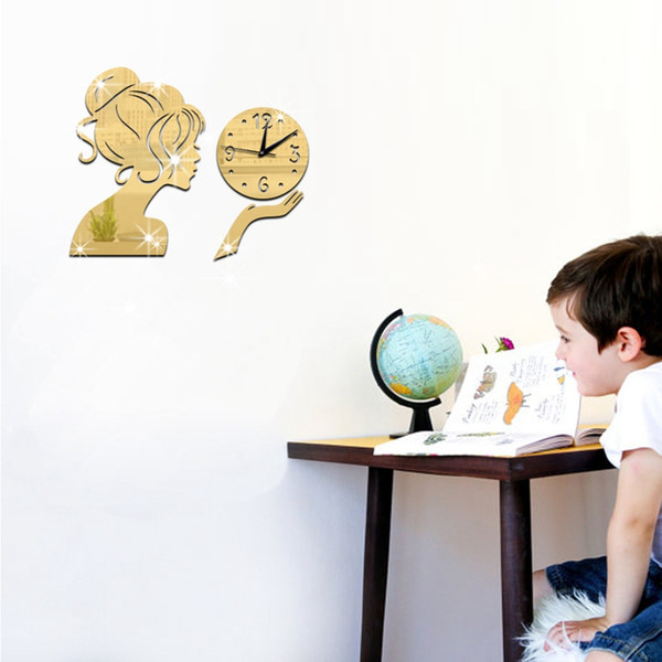 Creative Cartoon Maid 3D Mirror Surface Sticker DIY Wall Clock Home Decor Wall Clock Children Bedroom Living Room Decoration