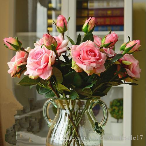 Wedding decoratio high quality artificial flowers Vivid real touch roses Artificial Silk Flower Bride Home Decor 2 heads/bouquet