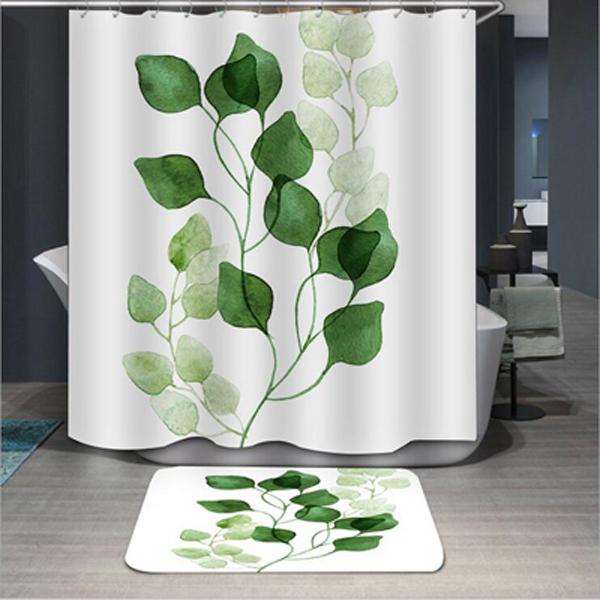 Green Leaves Fashion Bathroom Decora Waterproof Polyester Fabric Bathroom Shower Curtain Entrance Door Mat & 12 Hooks