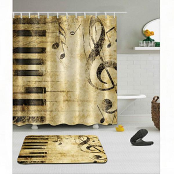 Retro Style Home Bathroom Decoration Waterproof Polyester Fabric Bathroom Shower Curtain Entrance Door Mat & 12 Hooks