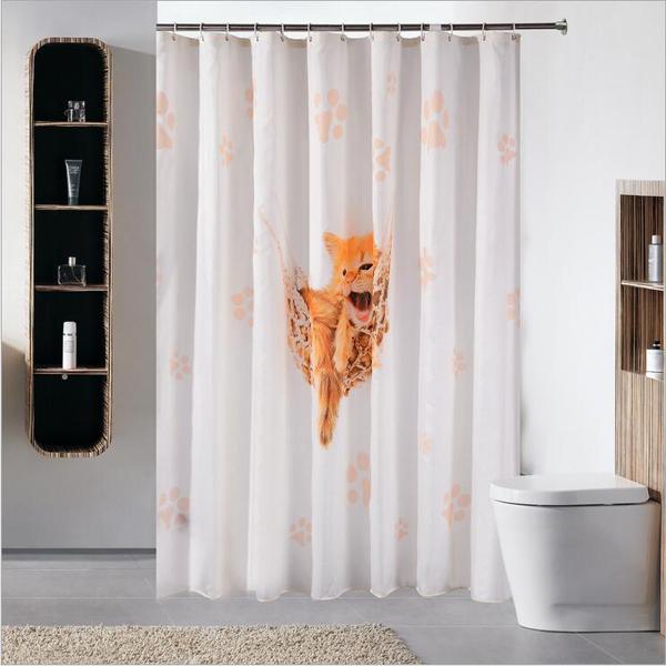 Cute Little Yellow Cat Waterproof Fabric Bathroom Shower Curtain Home Bathroom Decoration Bath Curtain & 12 Hooks