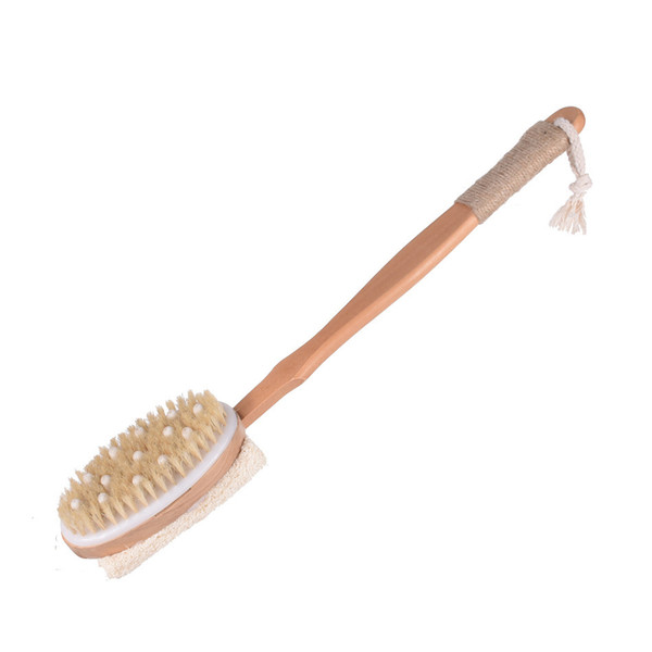 42cm Wood Handle Loofah Massage Brush Multi-function Exfoliating Dry Skin Dry Brushing Bath Brush with Non-slip Handle Body Brush