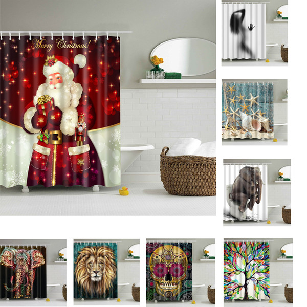 Many Colors Available Merry Christmas Elephant Skull Pattern Polyester Water Splash Proof Shower Curtains Bathroom Shower Curtain