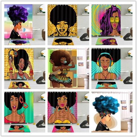 African Woman with Purple Afro Hair Shower Curtain Polyester Fabric Printing Bathroom Curtain Waterproof Home Product