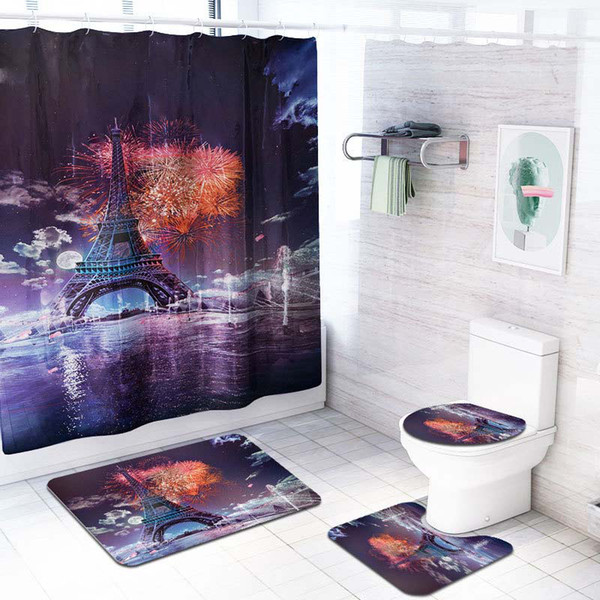 Eiffel Tower Printed Shower Curtain Toilet Cover Mat Non-Slip Rug Set 70.8x70.8 Inches Polyester Fiber Waterproof Bath Curtain with 12 Hooks