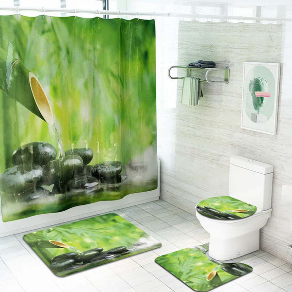 Shower Curtain Toilet Cover Mat Non-Slip Rug Set 70.8x70.8 Inches Flowing Water Bamboo Polyester Fiber Waterproof Bathroom Set