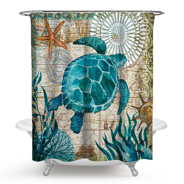 Turtle Shower Curtain Waterproof Bath Curtains with 12 Hooks Polyester Fabric Curtain For Bathroom Marine Style Mildew Resistant Decor
