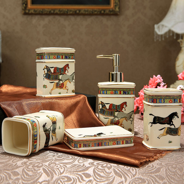 Porcelain bathroom sets ivory porcelain god horse design five-piece set accessories bathroom sets elegant bathroom sets gifts