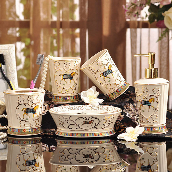 Porcelain bathroom sets ivory porcelain god horse design embossed outline in gold five-piece set accessories bathroom sets gifts