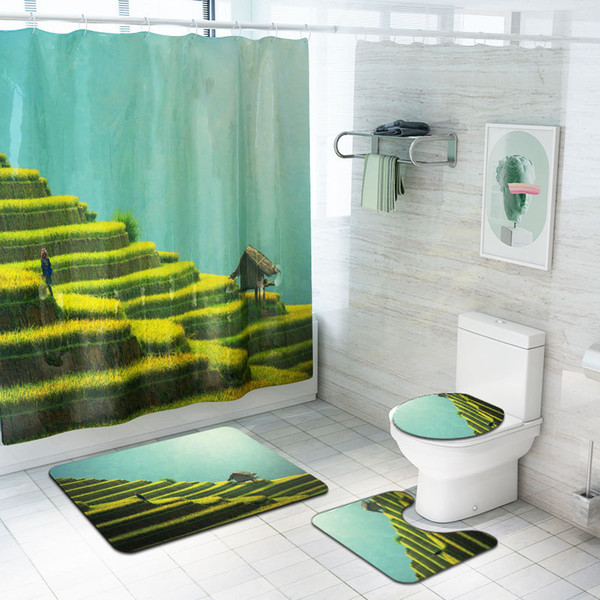 Bath Shower Curtain Toilet Cover Mat Non-Slip Rug Set Terraces Scenery Shower Curtains with Hooks Waterproof Home Bathroom Suits