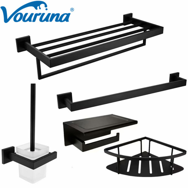 5-piece Matte Black Bath Hardware Set Stainless Steel Bathroom Accessory Sets Toilet Roll Holder Towel Bar Brush Holder Basket