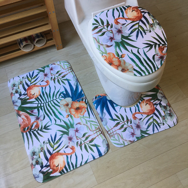 Pastoral Leaves Pattern Toilet Mat Flannel Bathroom Toilet Seat Cover Mats 3 pcs/set Non Slip Bath Mats Bathroom Toilet Feet Pat