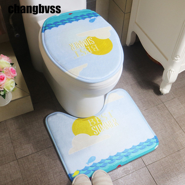 Hot Blue Ocean Style Bathroom Carpet Mat,2pcs Antislip Lid Toilet Cover Bath Mat,Bathroom Decor Bath Mats Pedestal Toilet Rugs Water Absorb