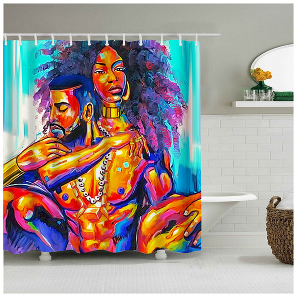 High Quality The Black Man And Woman With Purple curled Hair In Love Waterproof Shower Curtain Fabric Bathroom Curtain 2018 Gift