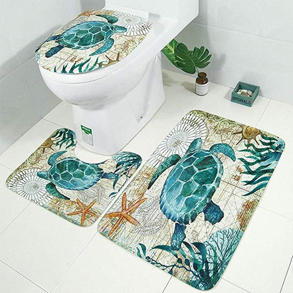 Bath Mat Set, 3 Piece Bathroom Rug Mats Set Non Slip Sea Turtles Seat Cover and Set Mat for Toilet Washable Bath Rug Set