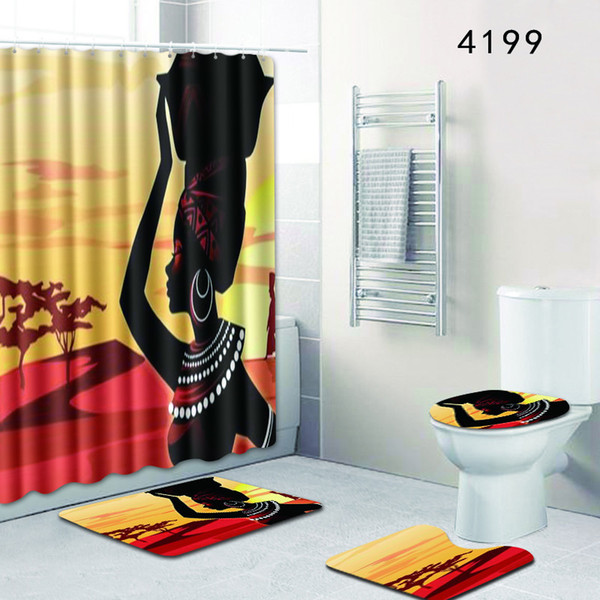 The 4 sets bathroom carpet rug Shower curtain African woman Toilet seat cover bathroom non-slip carpet and shower curtain